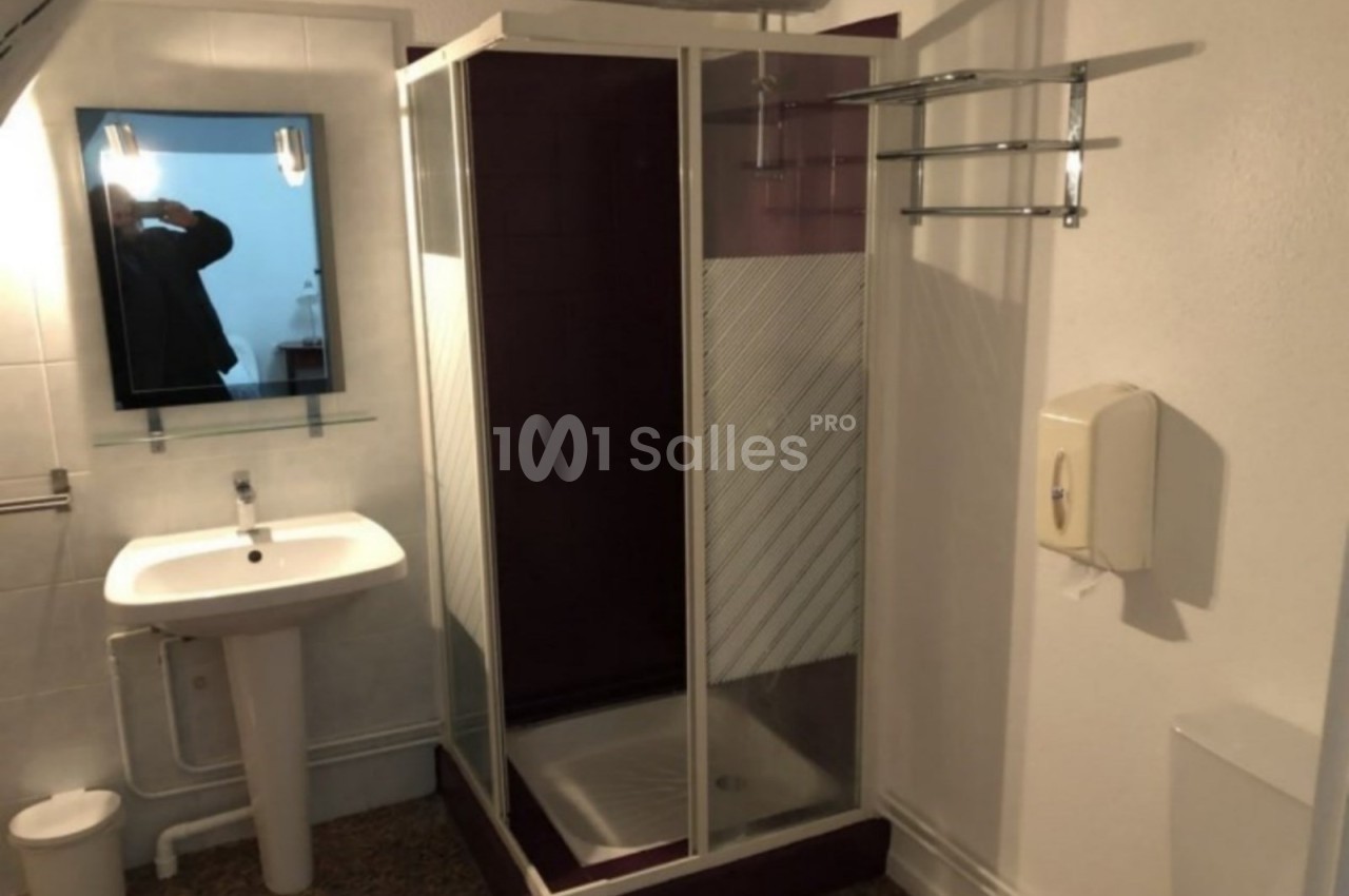 Salle de bain avec douche d'angle, lavabo avec miroir, porte-serviettes mural et distributeur de savon.