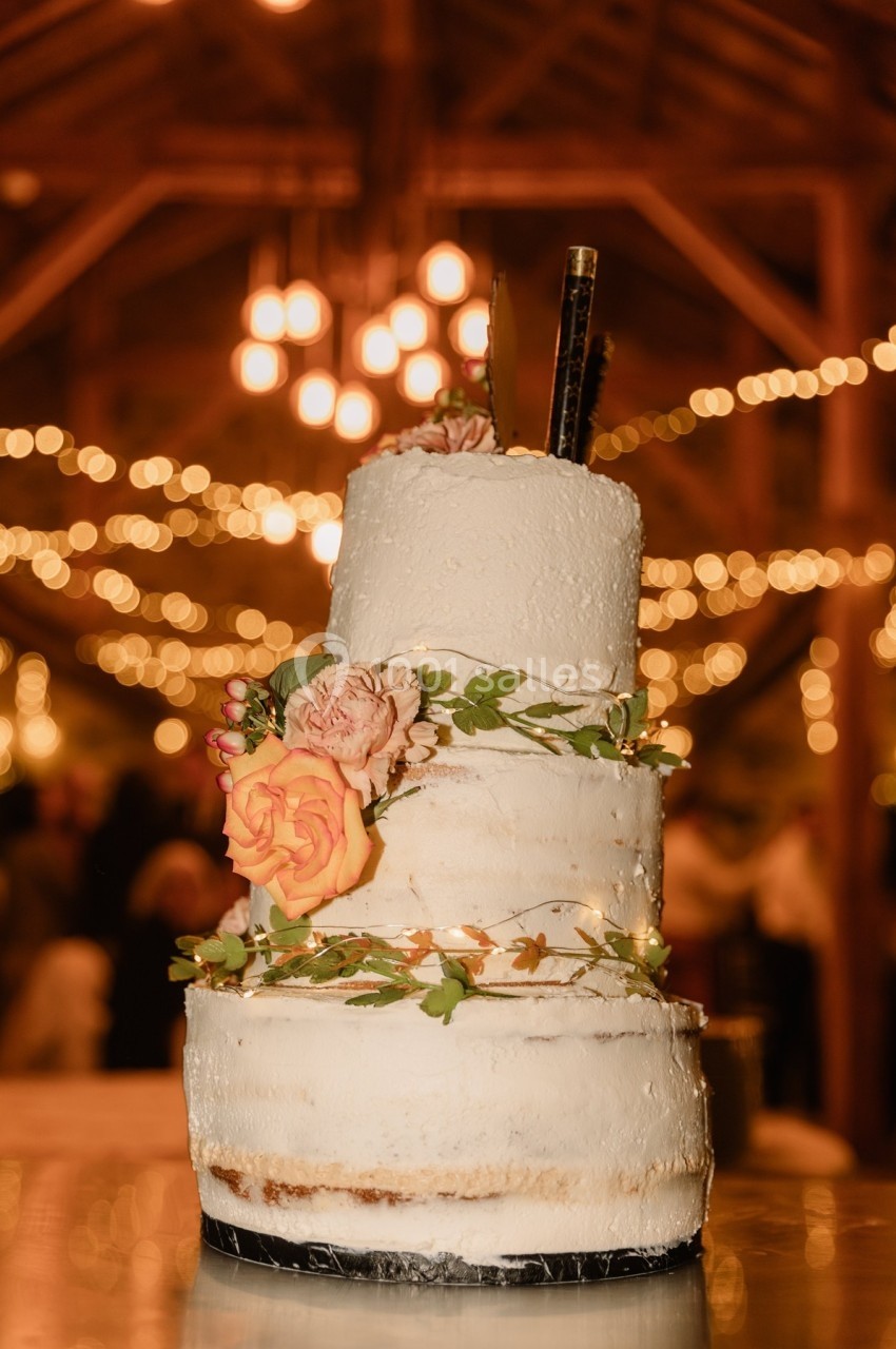 Gâteau de mariage à trois étages décoré de fleurs et de feuillage, éclairé par des guirlandes lumineuses dans une salle en…