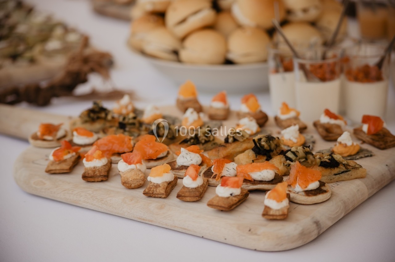 Plateau de canapés variés avec saumon, fromage et garnitures, présenté sur une table lors d'un buffet.