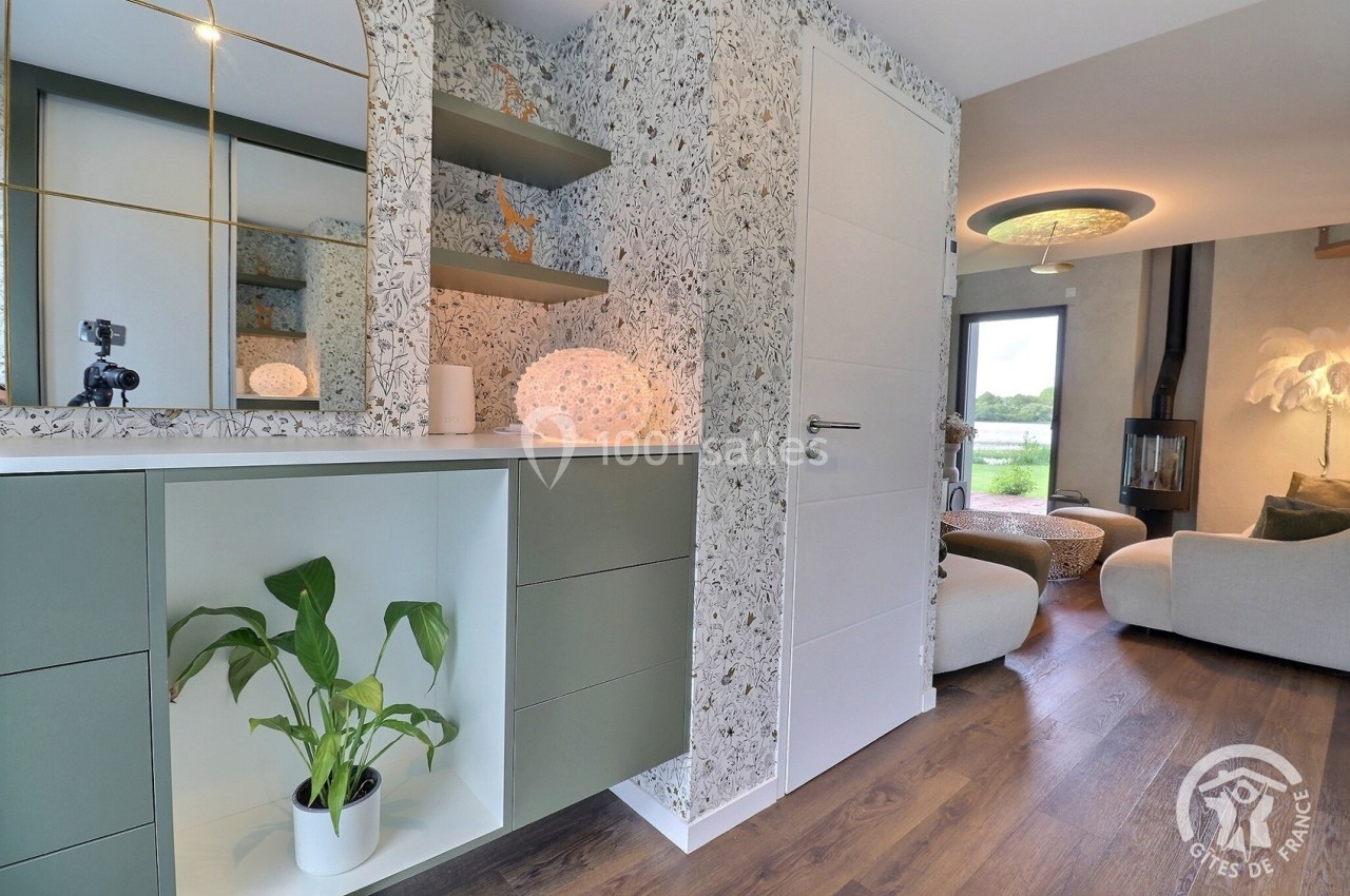 Entrée moderne avec meuble vert, plante en pot, miroir doré et vue sur un salon lumineux au fond.