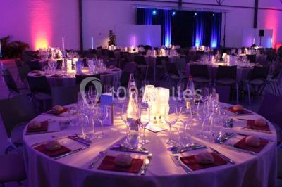 Miniature Location salle Dammarie-les-Lys (Seine-et-Marne) - Espace Pierre Bachelet #2 Entrée vitrée illuminée avec des plantes en pot disposées en rangées et éclairage coloré.