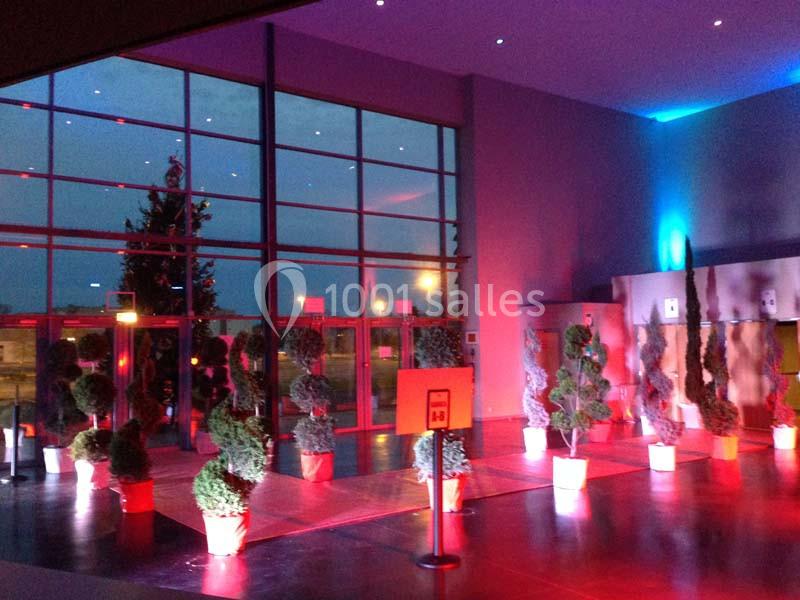 Location salle Dammarie-les-Lys (Seine-et-Marne) - Espace Pierre Bachelet #24 Entrée vitrée illuminée avec des plantes en pot disposées en rangées et éclairage coloré.