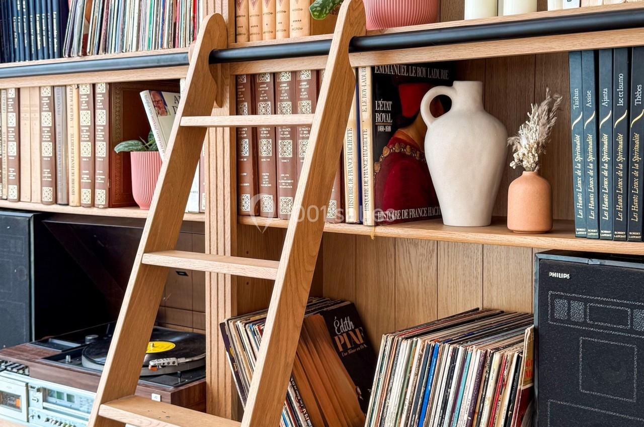 Bibliothèque en bois avec échelle, livres, vinyles, plantes en pot et objets décoratifs.