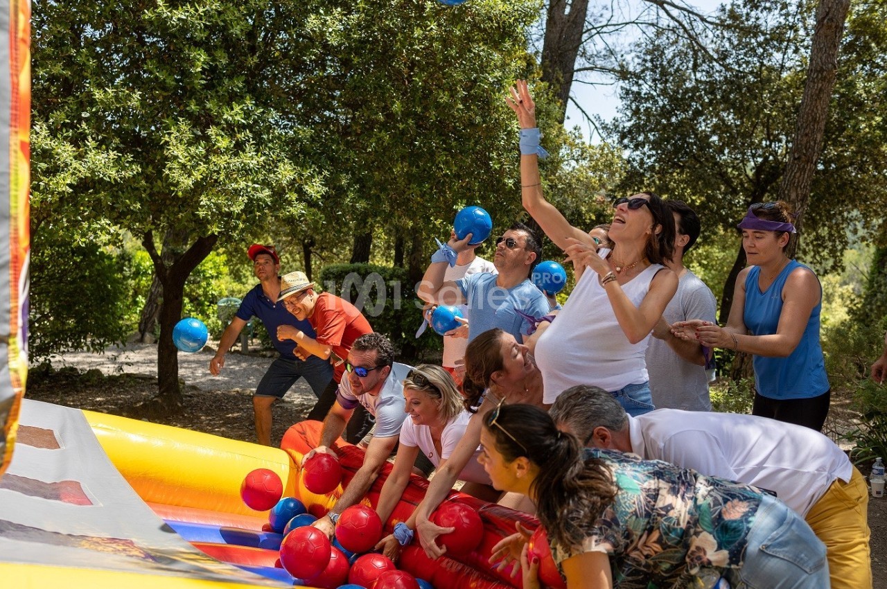 Des personnes participent à un jeu collectif en extérieur, lançant des balles colorées dans un cadre boisé.