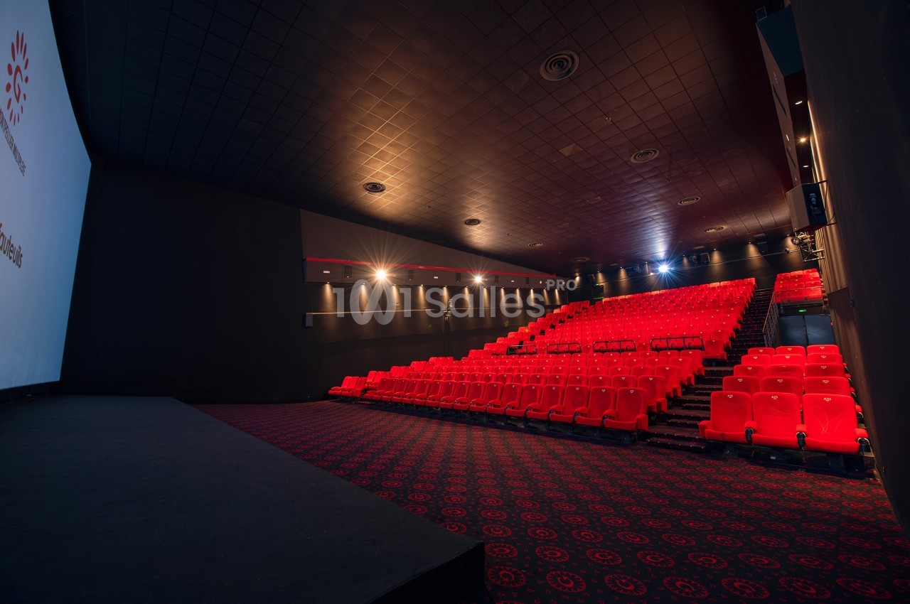 Salle de cinéma vide avec des rangées de sièges rouges et un écran blanc sur la gauche.