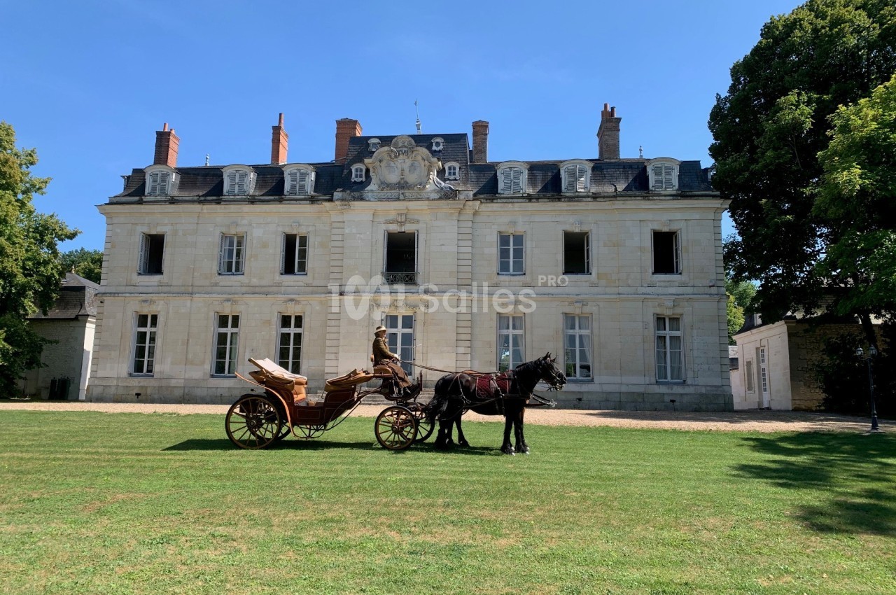 Calèche tirée par un cheval noir devant un grand bâtiment historique en pierre, entouré de pelouse et d'arbres.