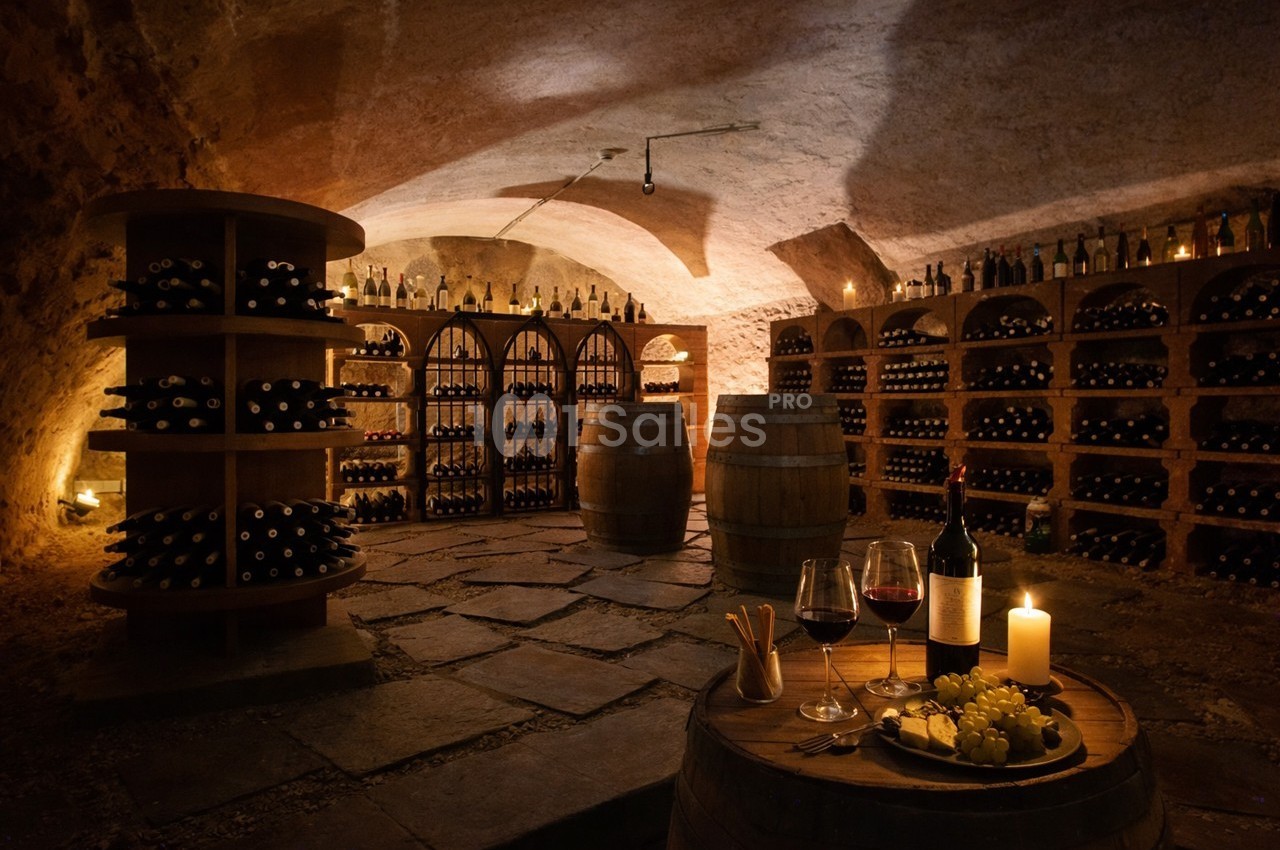 Cave voûtée avec étagères remplies de bouteilles de vin, tonneaux, et table dressée avec verres, bougie et fromage.