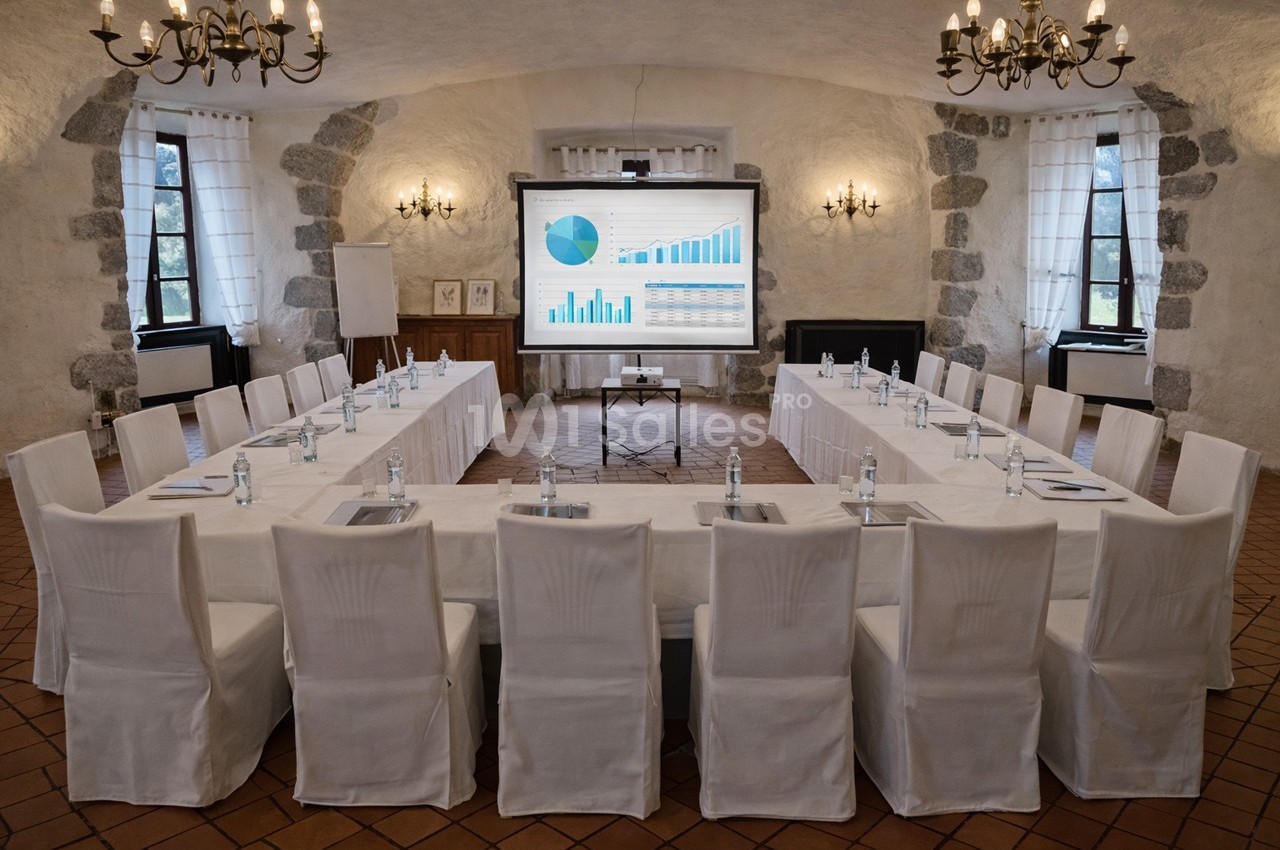 Salle de réunion en pierre avec une grande table en U, des chaises blanches et un écran affichant des graphiques.