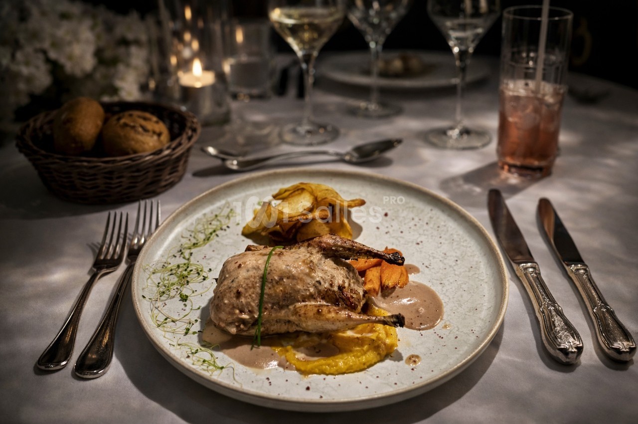Assiette de caille rôtie avec purée, chips de légumes et sauce, servie sur une table élégamment dressée.