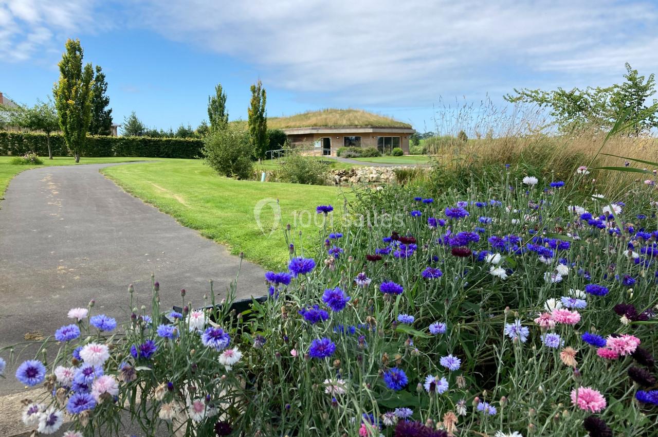 Allée sinueuse bordée de fleurs colorées menant à une maison avec toit végétalisé, sous un ciel dégagé.