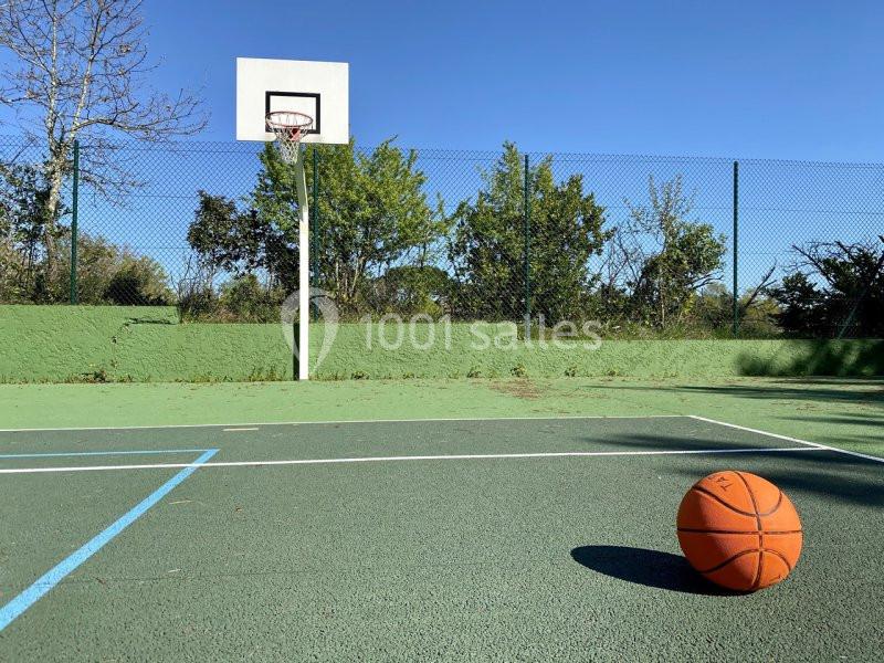 Terrain de basketball extérieur avec un ballon orange posé au sol près d'un panier, entouré de végétation.