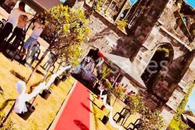 Ruines d'une abbaye gothique avec des arches et des fenêtres sans vitraux, entourées de végétation.