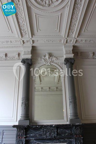 Location salle Farciennes (Hainaut) - Château Oxyjeunes #8 Miroir encadré de colonnes grises et orné de sculptures, placé au-dessus d'une cheminée en marbre noir dans une pièce…