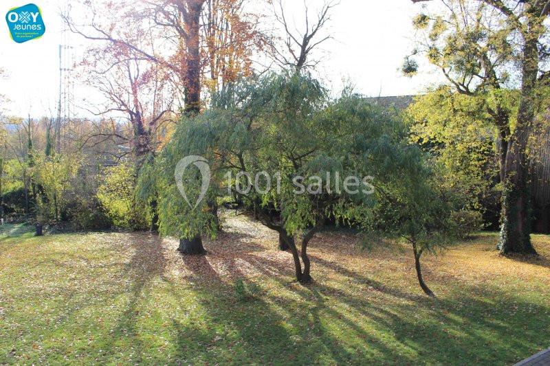 Location salle Farciennes (Hainaut) - Château Oxyjeunes #13 Un jardin en automne avec des arbres aux feuilles clairsemées et un sol couvert de feuilles mortes.