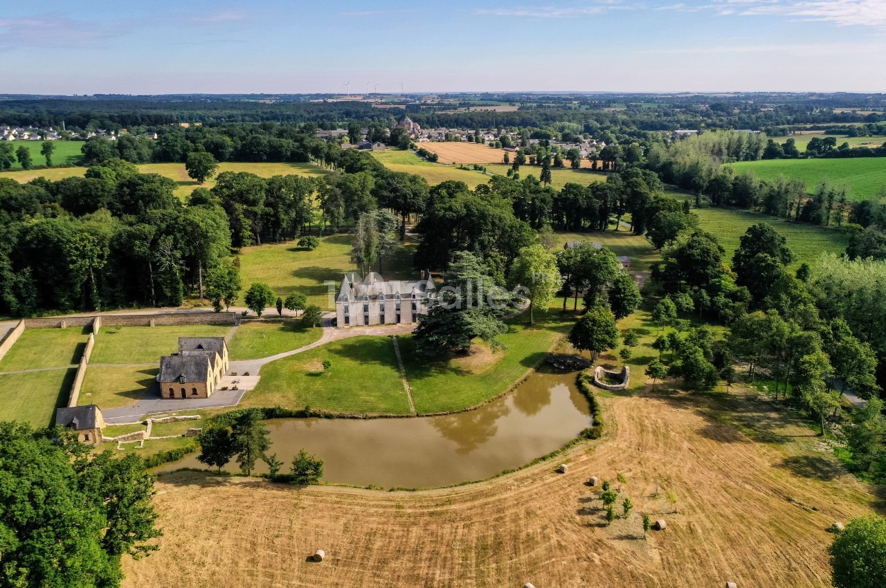 Vue aérienne d'un domaine avec un manoir, une chapelle, un étang et des champs entourés de forêts.