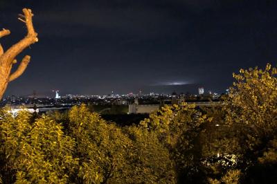 Parking extérieur de nuit, éclairé par des lumières jaunes et entouré d'arbres et de bâtiments.