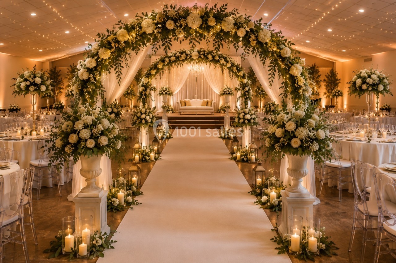 Allée centrale décorée de fleurs blanches et bougies, menant à une scène avec un canapé, dans une salle de réception…