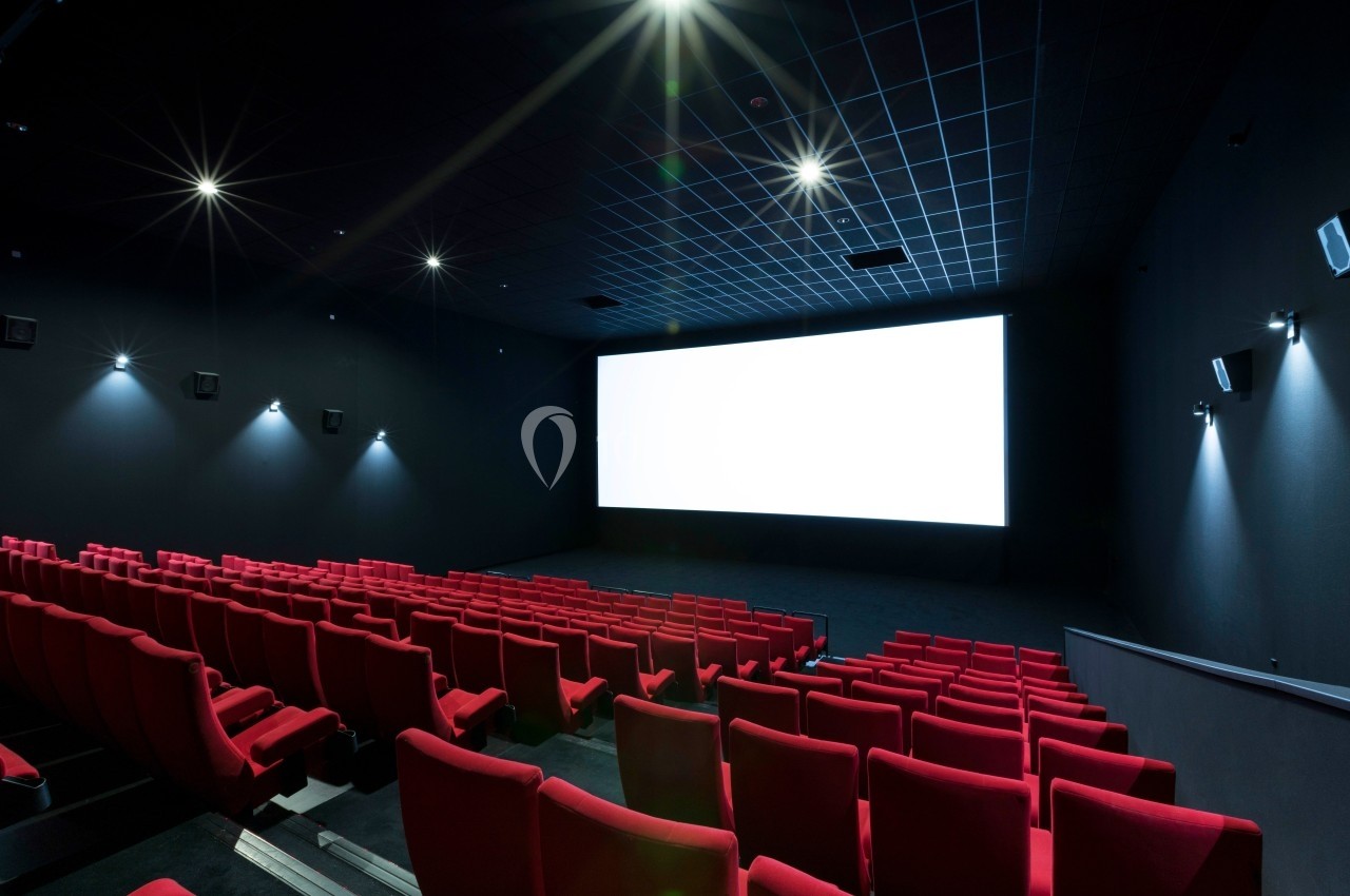 Location salle Dammarie-les-Lys (Seine-et-Marne) - Pathé Dammarie #7 Salle de cinéma vide avec des rangées de sièges rouges et un grand écran blanc allumé.