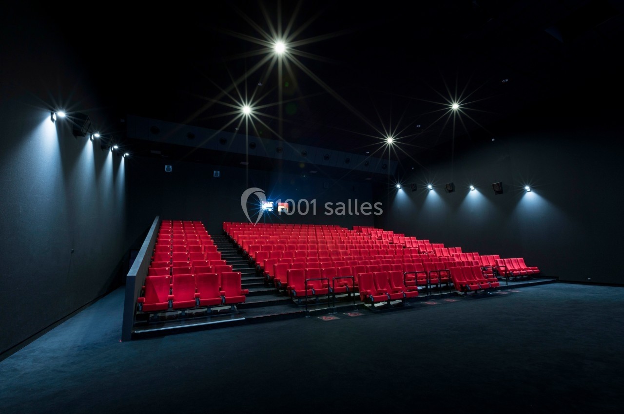 Location salle Dammarie-les-Lys (Seine-et-Marne) - Pathé Dammarie #10 Salle de cinéma vide avec des rangées de sièges rouges et un écran allumé au fond.