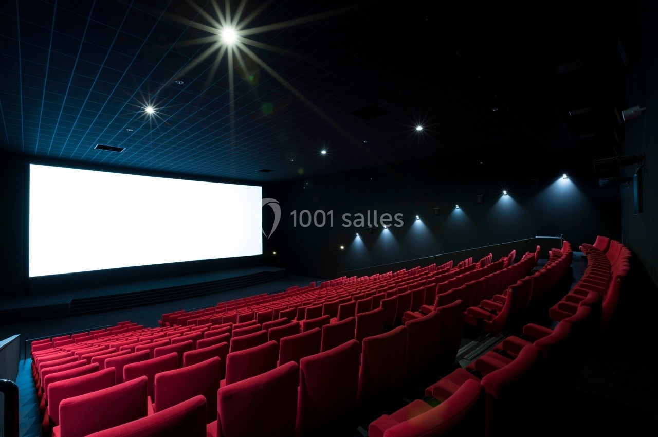 Location salle Dammarie-les-Lys (Seine-et-Marne) - Pathé Dammarie #13 Salle de cinéma vide avec des rangées de fauteuils rouges et un grand écran blanc éclairé.