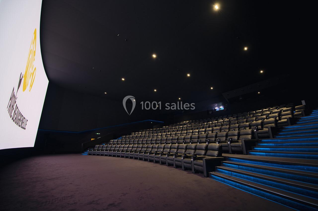 Salle de cinéma vide avec rangées de sièges alignés et un grand écran blanc allumé à gauche.