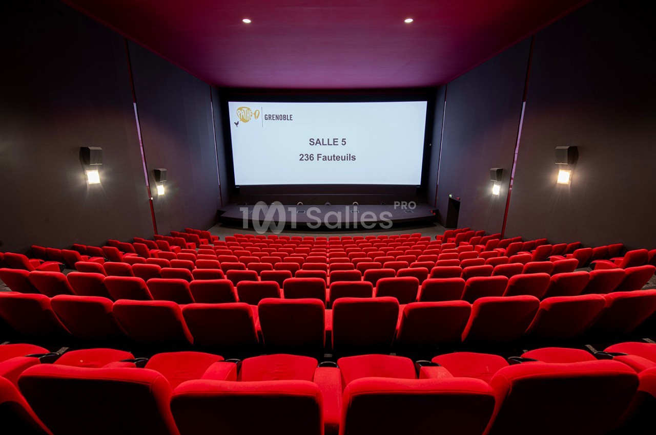 Salle de cinéma vide avec des rangées de fauteuils rouges, écran blanc affichant ’Salle 5 - 236 Fauteuils’.