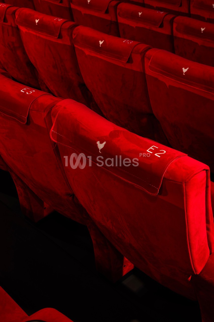 Rangée de sièges de théâtre en velours rouge avec des numéros et des motifs brodés sur les dossiers.