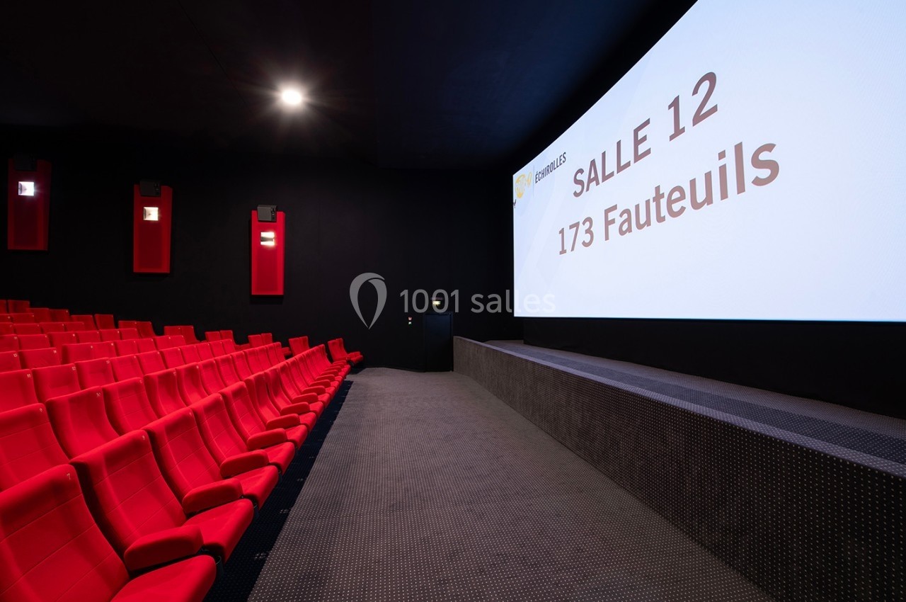 Salle de cinéma vide avec des sièges rouges, un écran affichant ’Salle 12, 173 fauteuils’ et un éclairage tamisé.