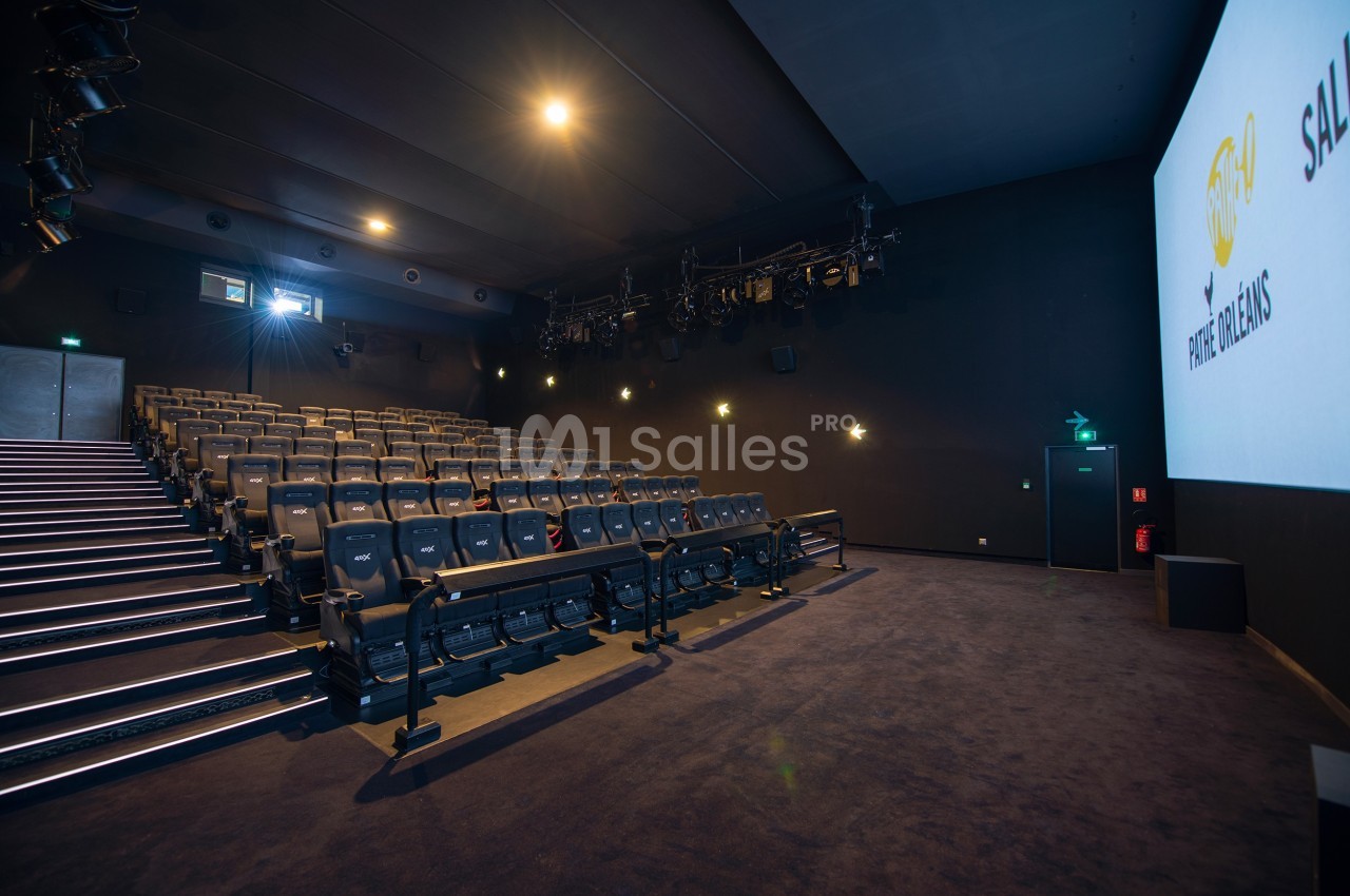 Salle de cinéma vide avec rangées de sièges noirs, écran blanc allumé et éclairage tamisé.
