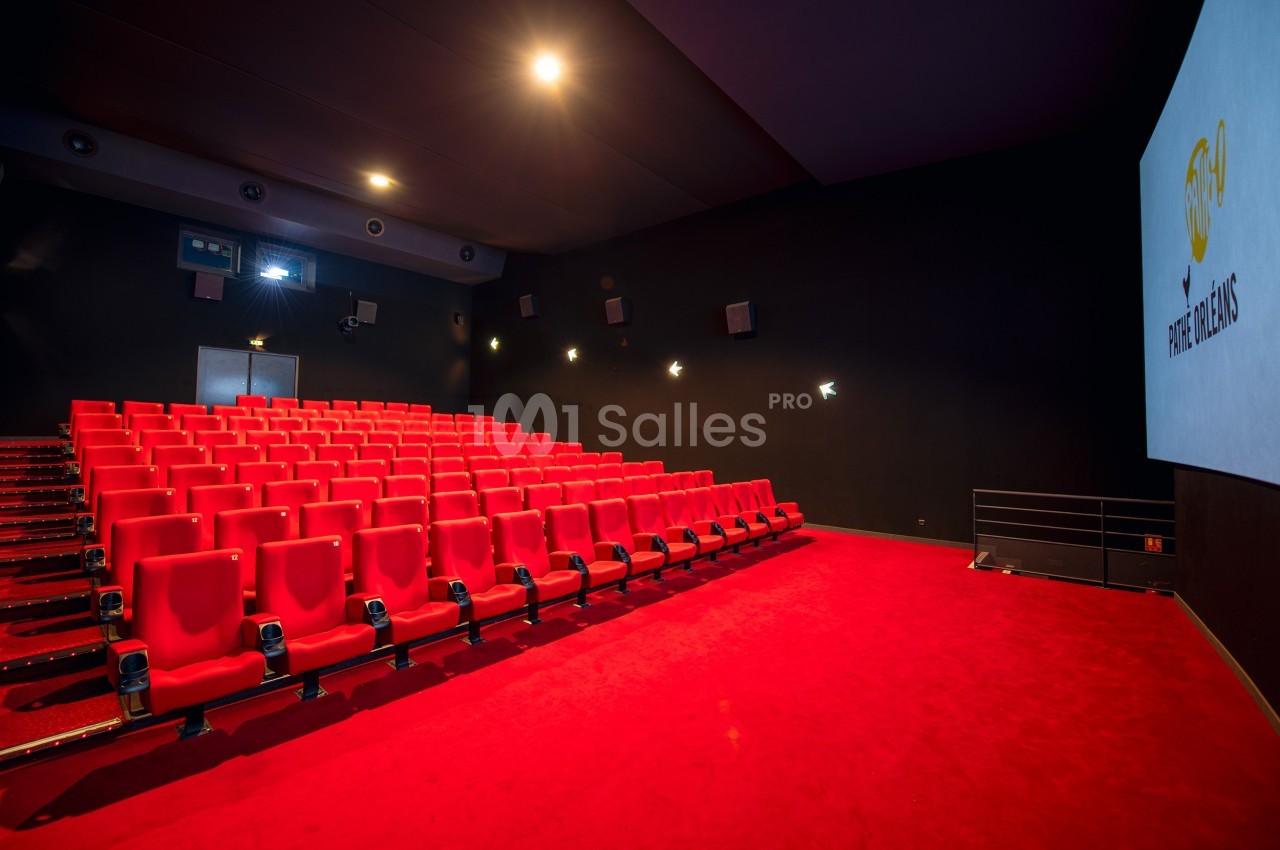 Salle de cinéma vide avec rangées de sièges rouges, écran blanc allumé et moquette rouge au sol.