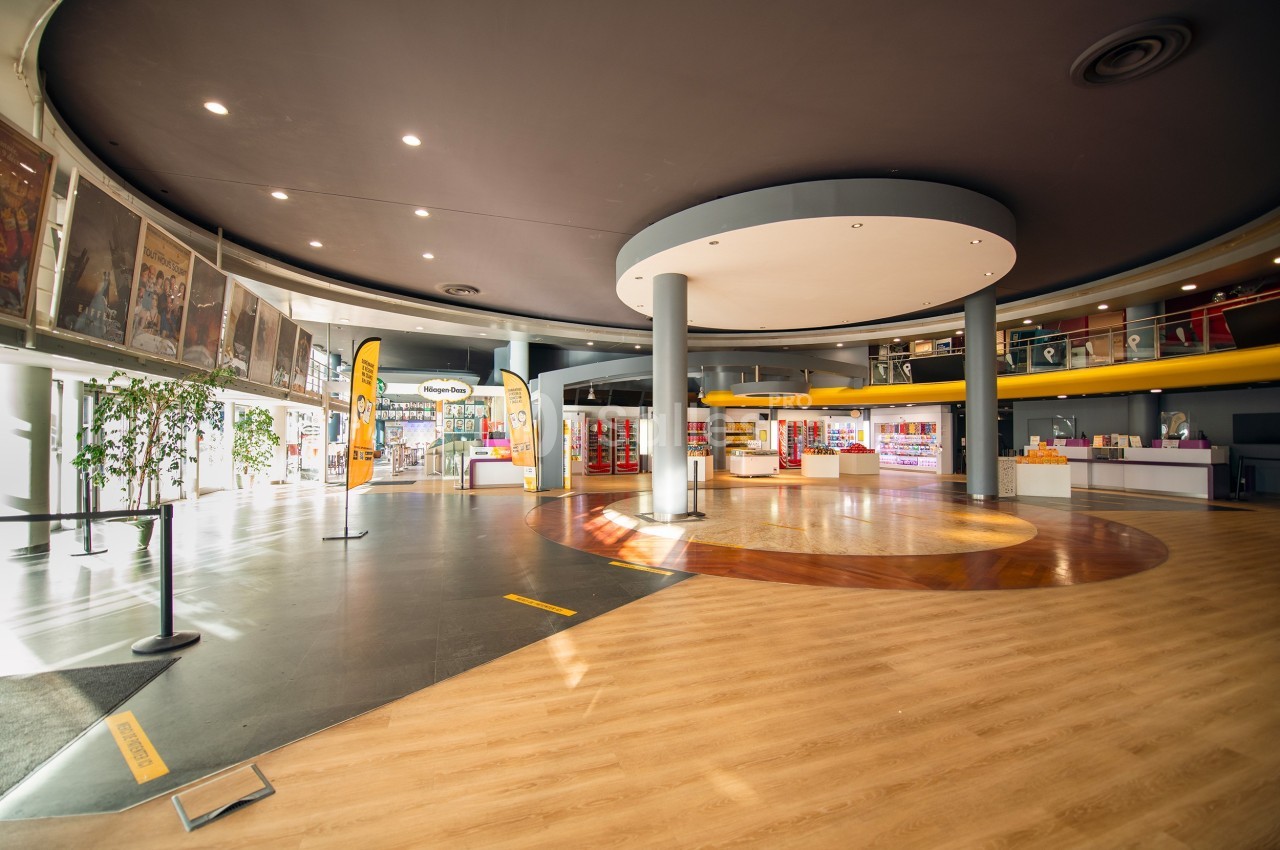 Hall spacieux avec sol en bois et carrelage, colonnes modernes, affiches au mur et comptoirs d'accueil lumineux.