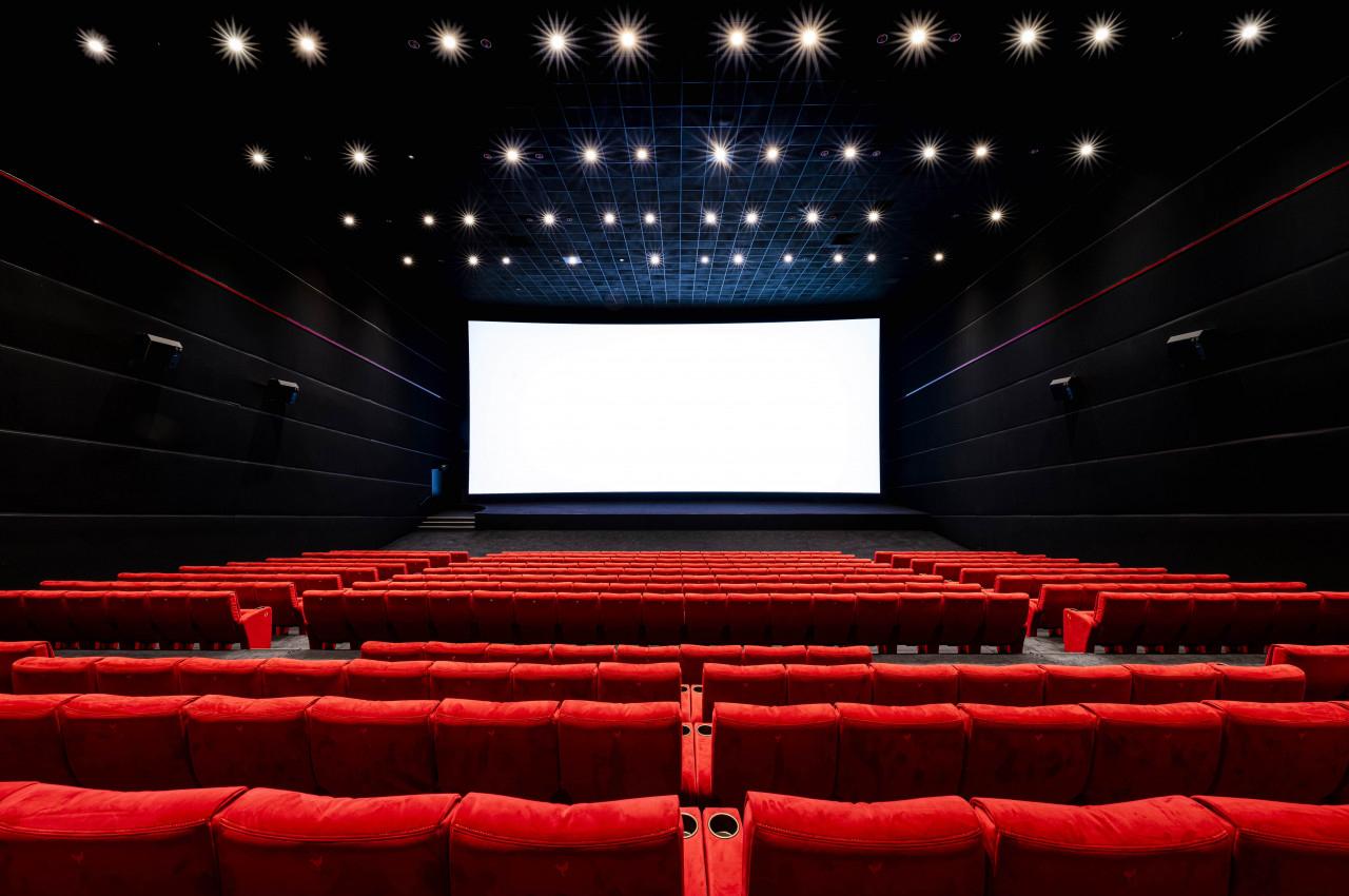 Salle de cinéma vide avec des rangées de fauteuils rouges et un écran blanc illuminé au fond.