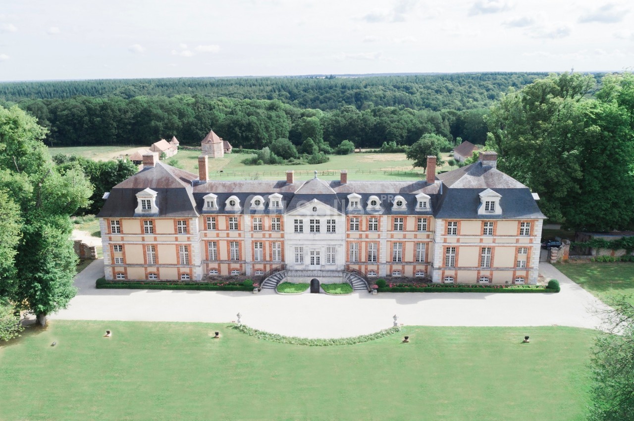 Vue aérienne d'un château historique entouré de jardins verdoyants et de forêts.