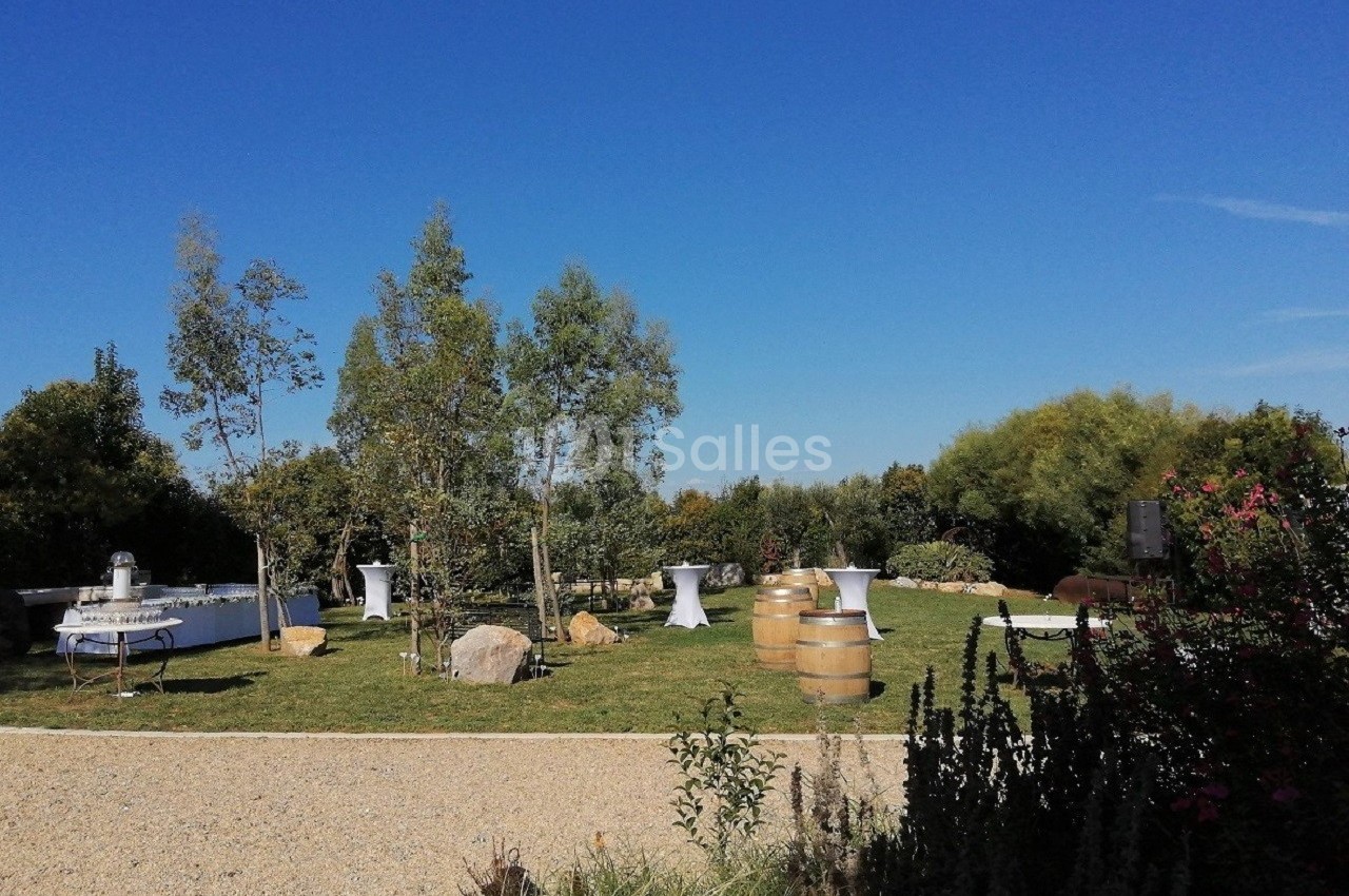 Espace extérieur avec pelouse, tables hautes, tonneaux en bois et arbres sous un ciel bleu dégagé.