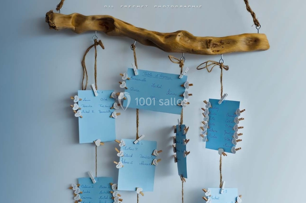 Cartes bleues suspendues à des cordes attachées à une branche en bois, utilisées comme tableau d'organisation.
