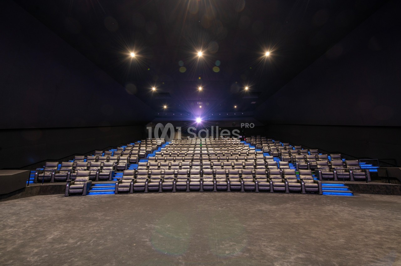 Salle de cinéma vide avec des rangées de sièges inclinables et un éclairage tamisé dirigé vers l'écran.