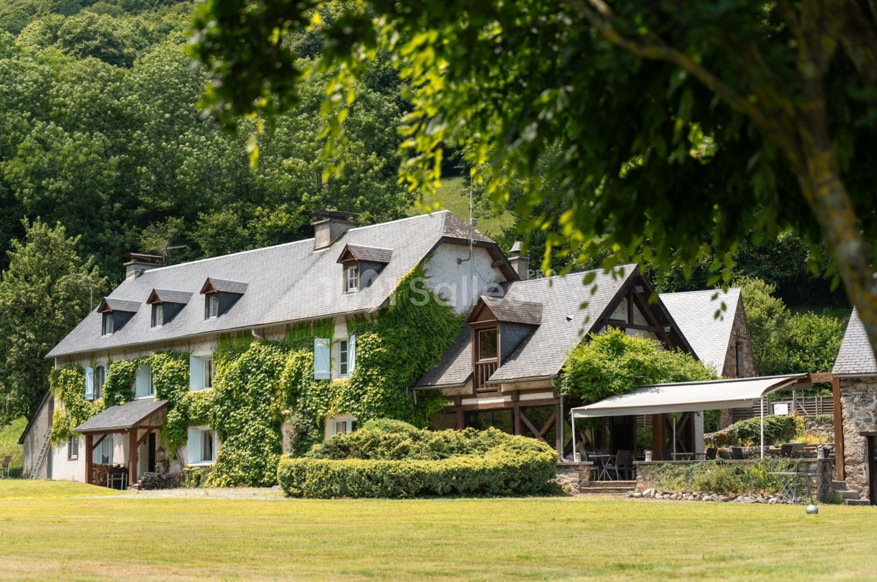 Grande maison traditionnelle entourée de verdure, avec façade couverte de lierre et terrasse ombragée.