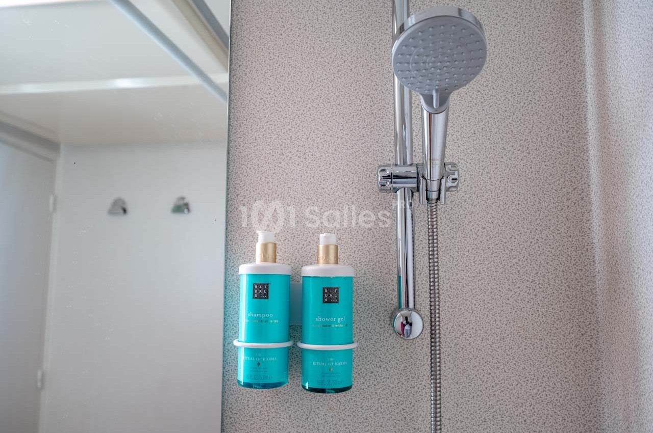 Deux flacons de shampooing et gel douche turquoise fixés à une paroi de douche avec pommeau argenté.