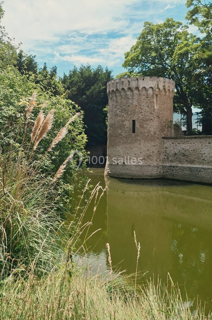 Tour en pierre médiévale entourée d'eau, bordée de végétation et d'herbes hautes sous un ciel partiellement nuageux.