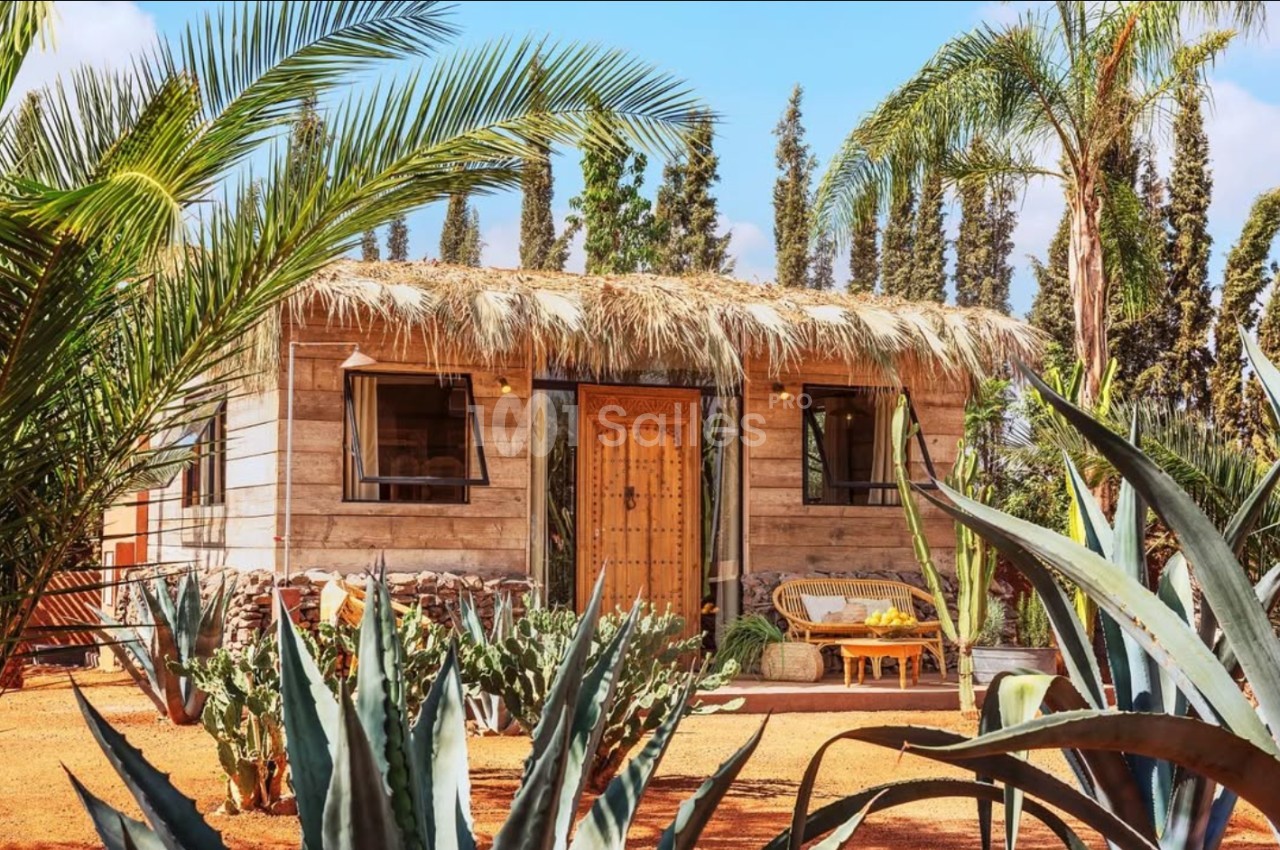 Petite maison en bois avec toit en chaume, entourée de plantes tropicales et de cactus, sous un ciel dégagé.