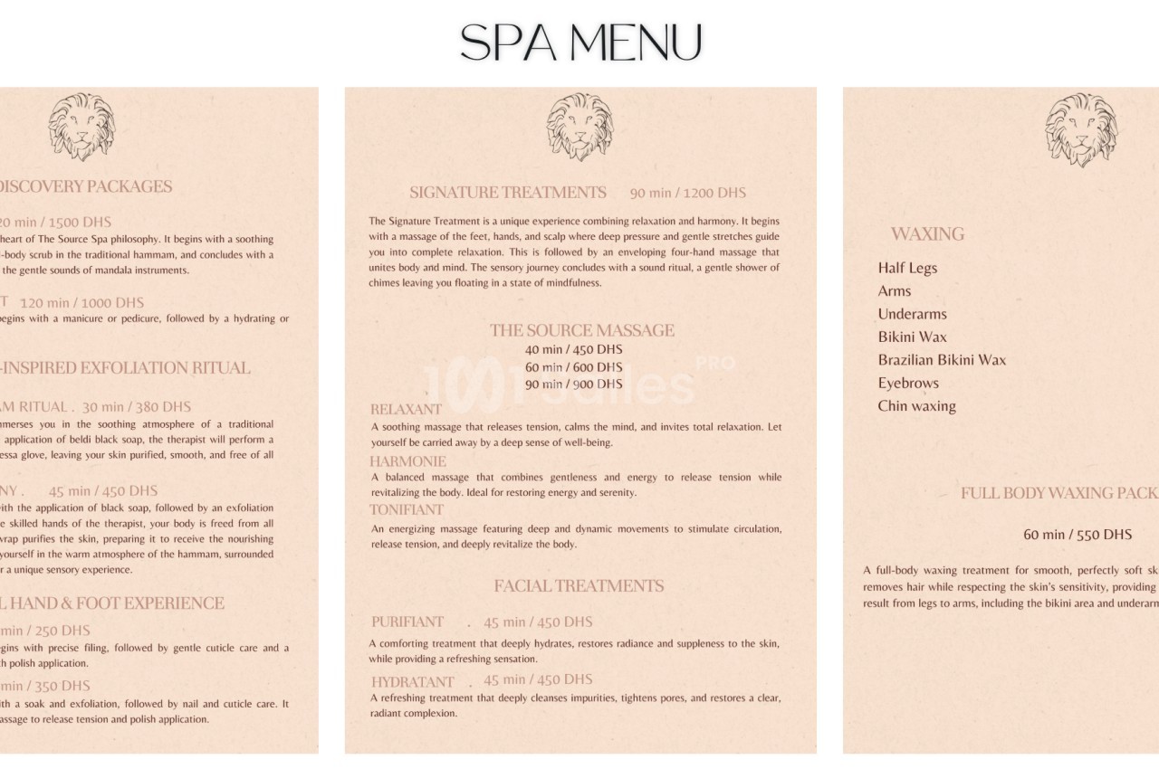 Menu de spa détaillant des soins corporels, massages, traitements du visage et services d'épilation avec durées et tarifs.