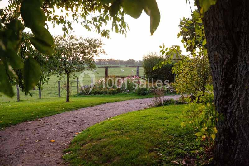Location salle Maligny (Côte-d'Or) - Domaine du Grand Nanteux #18 Chemin sinueux bordé de verdure menant à un jardin fleuri, avec une prairie et des moutons en arrière-plan.
