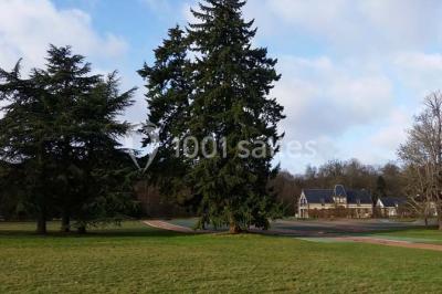 Miniature Location salle Sylvains-les-Moulins (Eure) - Domaine de Coulonge #32 Chambre lumineuse avec lit double, draps bleus, moustiquaire suspendue et éclairage doux.