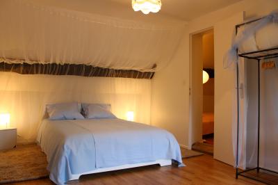 Miniature Location salle Sylvains-les-Moulins (Eure) - Domaine de Coulonge #38 Chambre lumineuse avec lit double, draps bleus, moustiquaire suspendue et éclairage doux.