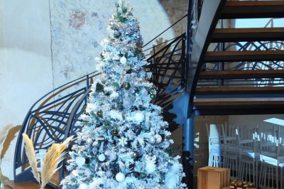 Miniature Location salle Sylvains-les-Moulins (Eure) - Domaine de Coulonge #57 Salle de réception décorée avec des tables rondes, nappes blanches, chaises blanches et centres de table fleuris.