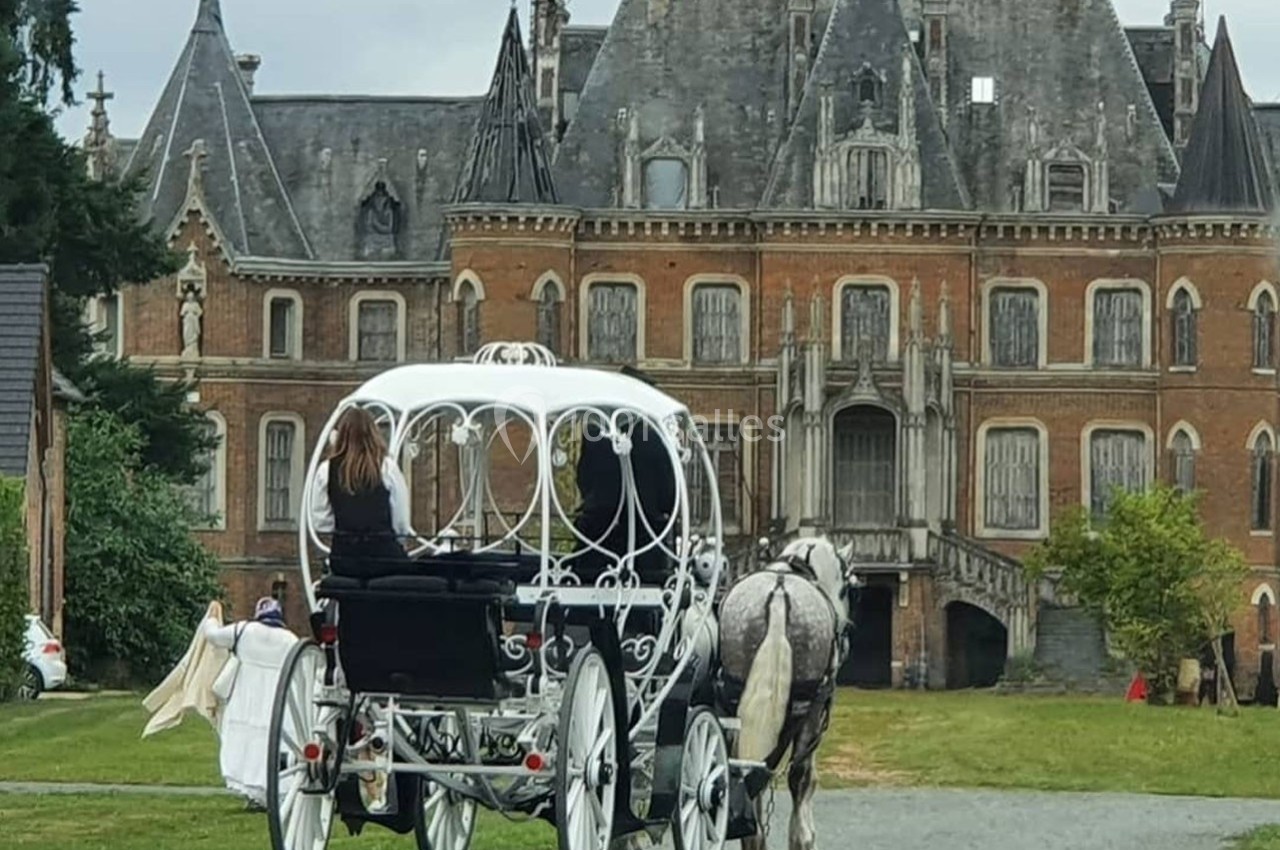Location salle Sylvains-les-Moulins (Eure) - Domaine de Coulonge #51 Une calèche blanche tirée par un cheval stationne devant un château en briques avec des toits en ardoise.