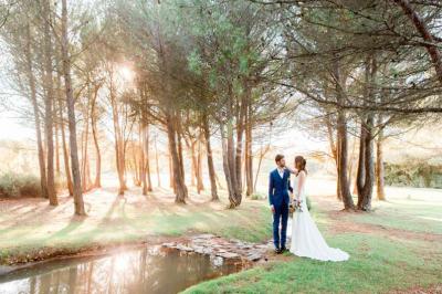 Miniature Location salle Lançon-Provence (Bouches-du-Rhône) - La Bastide d'Astres #15 Vue d'une terrasse avec parasols et piscine, encadrée par des haies sombres et un ciel dégagé en arrière-plan.