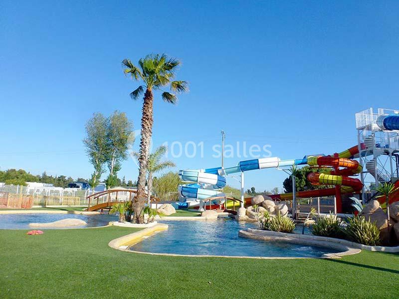 Parc aquatique avec toboggans colorés, piscine peu profonde, palmiers et pelouse sous un ciel bleu clair.