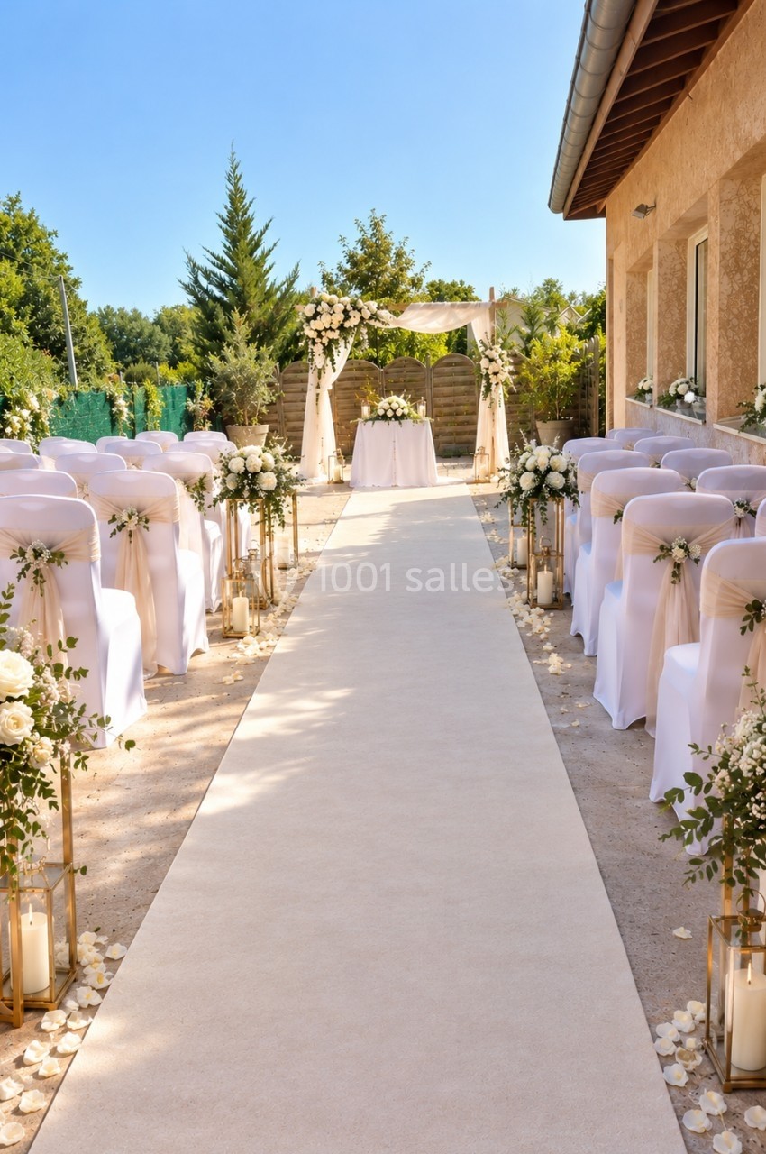 Allée centrale décorée pour une cérémonie de mariage en extérieur, bordée de chaises blanches et de fleurs.
