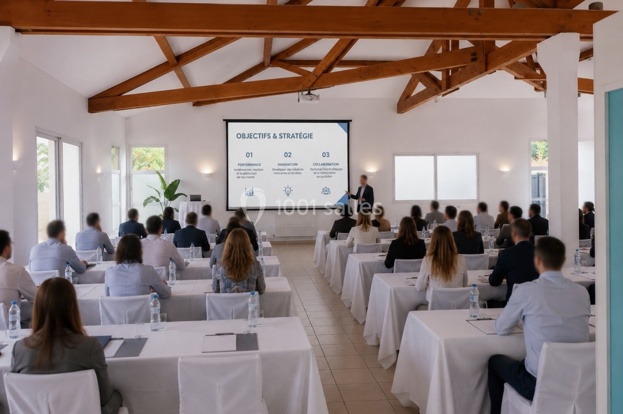 Un conférencier présente des objectifs et stratégies à un groupe de personnes assises dans une salle lumineuse.